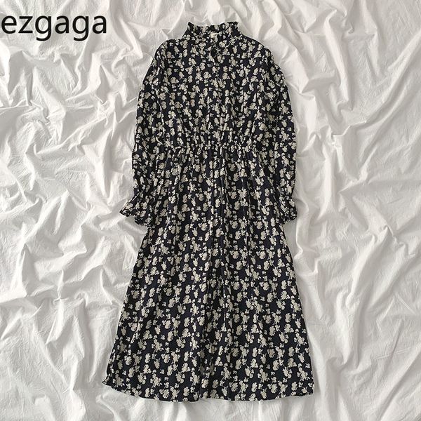 

ezgaga midi dress women autumn new floral stand collar long flare sleeve high waist elastic dresses ladies loose elegant 210430, Black;gray