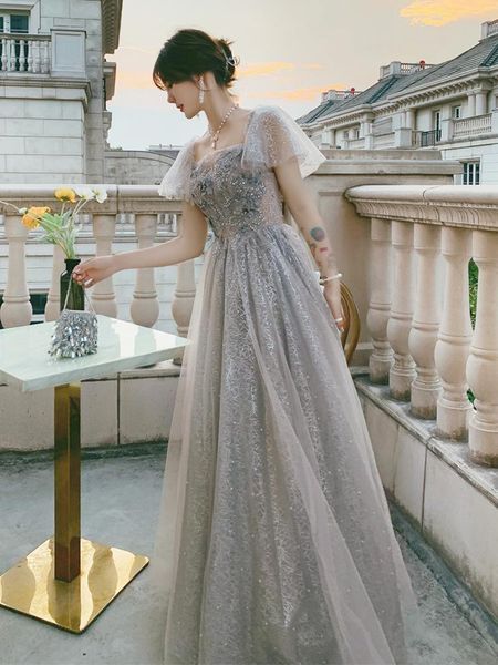 

ethnic clothing women grey square neck a-line tulle prom dresses elegant exquisite sequins appliques beading formal party gown, Red