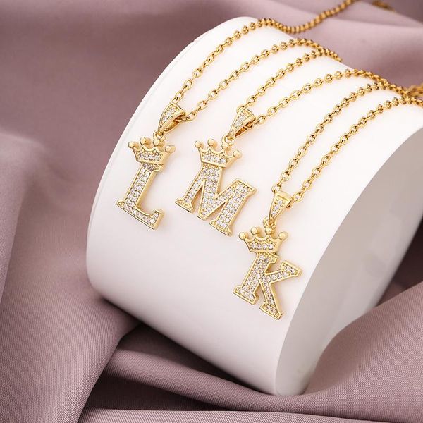 

pendant necklaces crown capital letter neckaces for women stainless steel cubic zirconia alphabet initial necklace collier femme friend gift, Silver