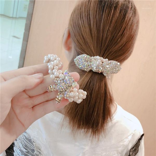 

woman cute bear pearl hair ties beads girls scrunchies rubber bands ponytail holders accessories elastic bands1