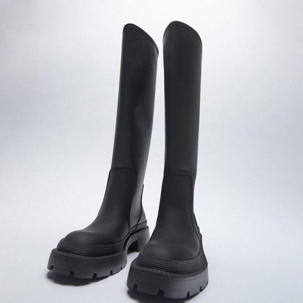 

boots women long flat heel winter knee high fashion casual shoes daily footwear size 35-40, Black