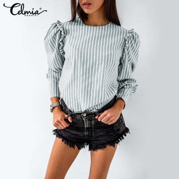 

blouses women's casual loose stripe shirts celmia elegant ruffles blouses 2021 autumn o neck long sleeve office fashion party blusas 5x, White