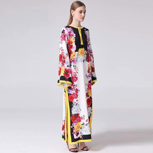 

casual dresses women's retro digital printing loose side open round neck big temperament dress robes, Black;gray