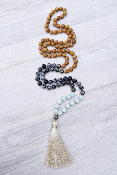 

pendant necklaces 108 mala beads necklace amazonite snowflake hand knotted wood bead prayer meditation taeesl, Silver