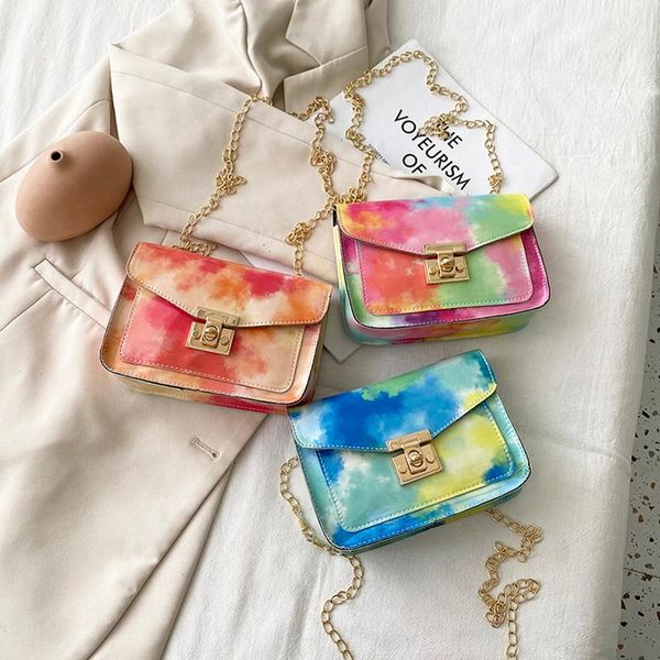 

evening bags ladies tie-dye printed pu leather shoulder 2021 designer women's chain handbags girls fashion mini flap purse