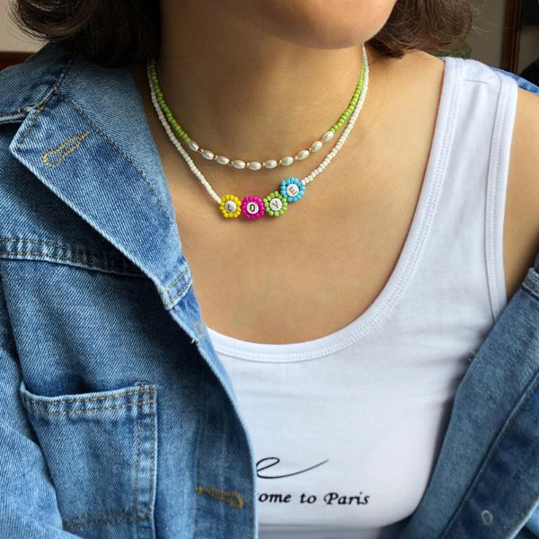 

chains fashion jewelry handmade love letter beads style colorful beaded flower charm women's necklace, Silver