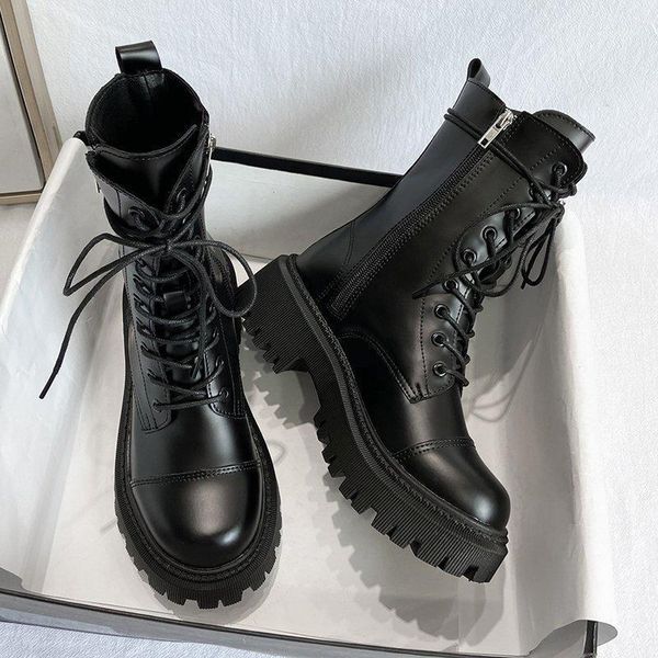 

women's boots pocket lace up ladies ankle boots female combat army chunky heel zipper short boot woman platform shoes new1, Black