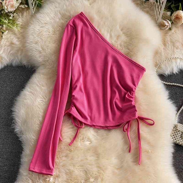 

women's sweaters ins fashion one shoulder long sleeve t-shirt solid color summer women knit crop skinny stretch drawstring ruc, White;black