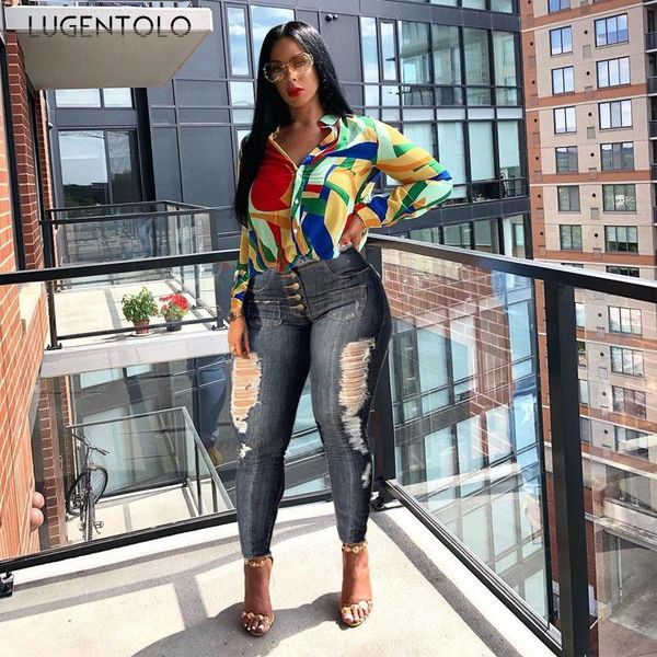 

jeans skinny early spring original fashion pants women's trousers high waist ripped casual long pencil lugentolo, Blue