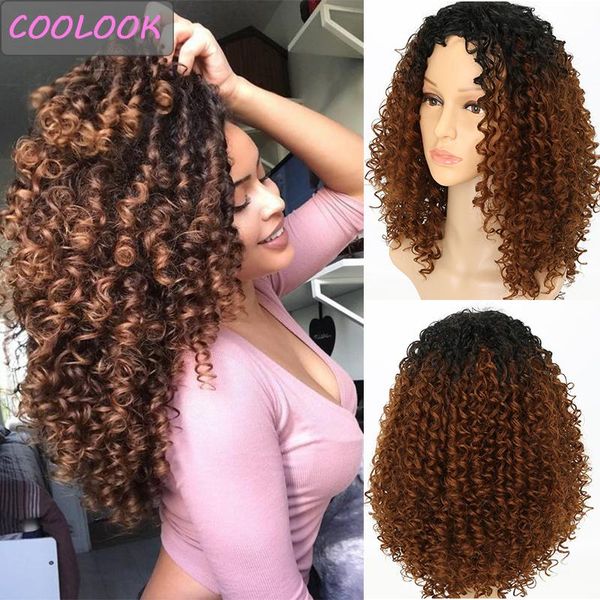 

synthetic wigs ombre brown kinky curly wig afro for women 18''heat resistant fibre female false hair curls, Black