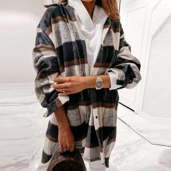 

women's jackets autumn winter fashion plaid print cardigan women single breasted casual outwear turn-down collar long sleeve mid length, Black;brown