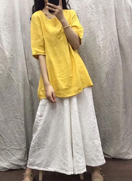 

women's blouses & shirts women loose solid color ramie shirt ladies vintage female retro 2021 summer blouse, White