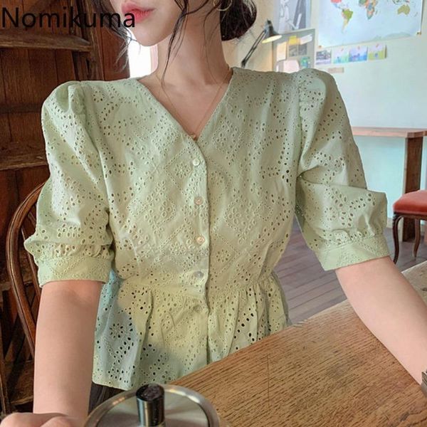 

women's blouses & shirts nomikuma elegant vintage v neck short sleeve hollow out solid color slim waist blouse single breasted korean, White