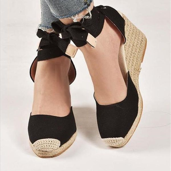 

sandals 2021 high heels women shoes wedge size fashion lace up ankle platforms gladiator straw, Black