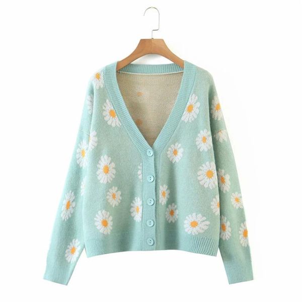 

women's knits & tees sweet button down sweater cardigan women loose knit coat autumn spring casual lady long sleeve v neck floral outer, White