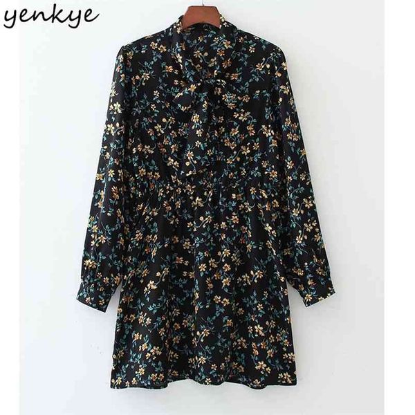 

summer dress women vintage floral print vestido mujer bow tie collar long sleeve a-line casual short robe 210514, Black;gray