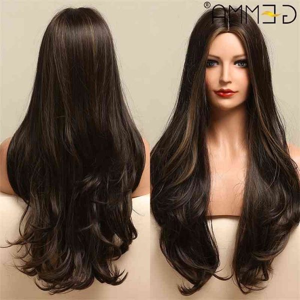 

body gemma wave long black brown highlight synthetic wigs for women afro natural middle part cosplay heat resistant fake hair