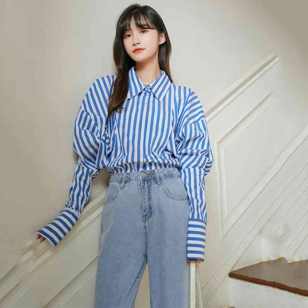 

skirt adjust fashion spring tide 2021 striped blue woman size big shirt lapel lantern sleeve, Black