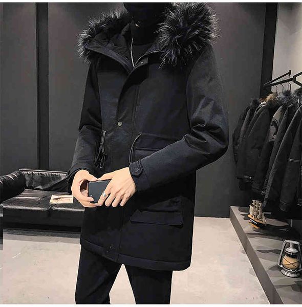 

downs winter men's hooded coat with long fur collar warm black jacket