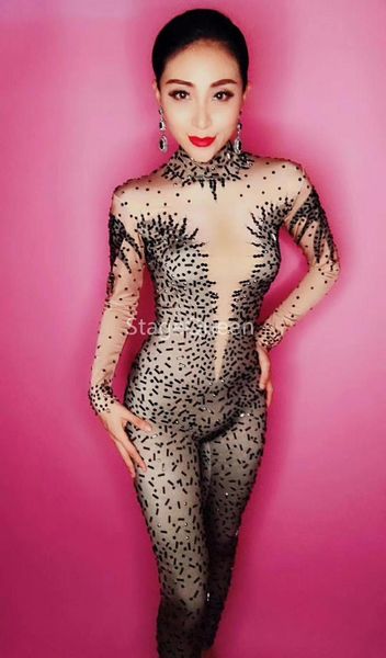 

women's jumpsuits & rompers black rhinestone jumpsuit female singer dancer stretch spandex bodysuit one-piece costume outfit party perf, Black;white