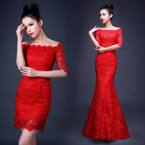 

long cheongsam chinese traditional dress women modern qipao lace robe orientale evening wedding gown qi pao ethnic clothing, Red