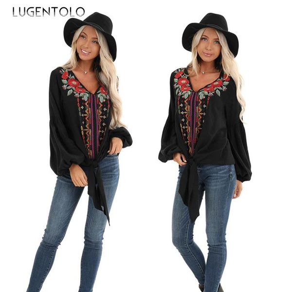 

women's blouses & shirts lugentolo womens and embroidery long sleeve sring summer chiffon black lace up casual fashion female blouse, White