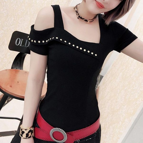 

women's t-shirt summer korean clothes fashion skew collar rivet off shouder women ropa mujer cotton shirt tees 2021 t06209, White