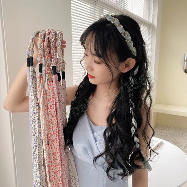 

pearl floral hair scarf headbands girls bows rubber hairbands scrunchie chiffon elastic hair bands for women hair accessories, Slivery;white