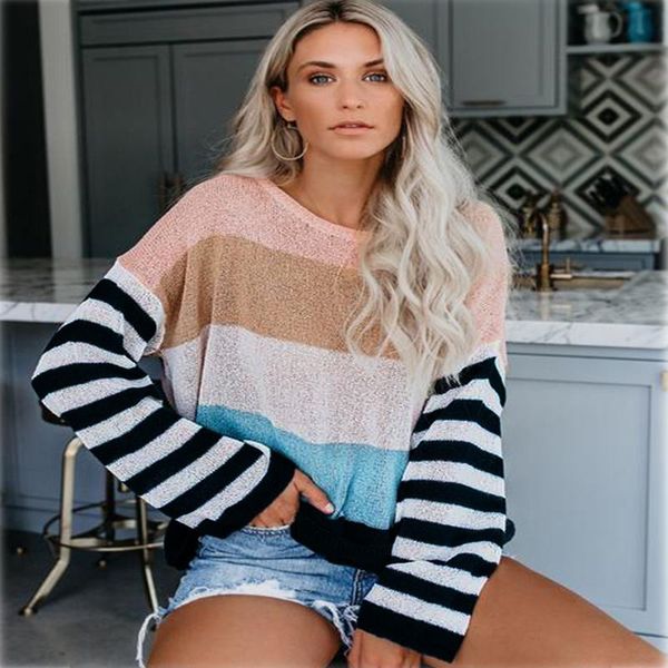 

ethnic clothing european clothes arrival stripe contrast stitching fashion round neck long sleeves loose pullovers knitted sweater, Red