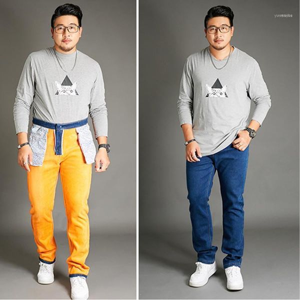 

autumn winter jeans men fleece blue straight high waisted stretch trousers mens velvet plus size 42 44 46 48 warm man denim pant1