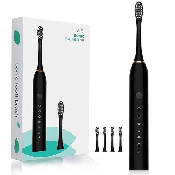 Somoee X-3 Sonic Escova Elétrica IPX7 Toothbrush Toothbrush 6 Modos Ajustável USB Recarregável Temporizador Escova com 4 Escovas de Substituição Cabeças - Preto