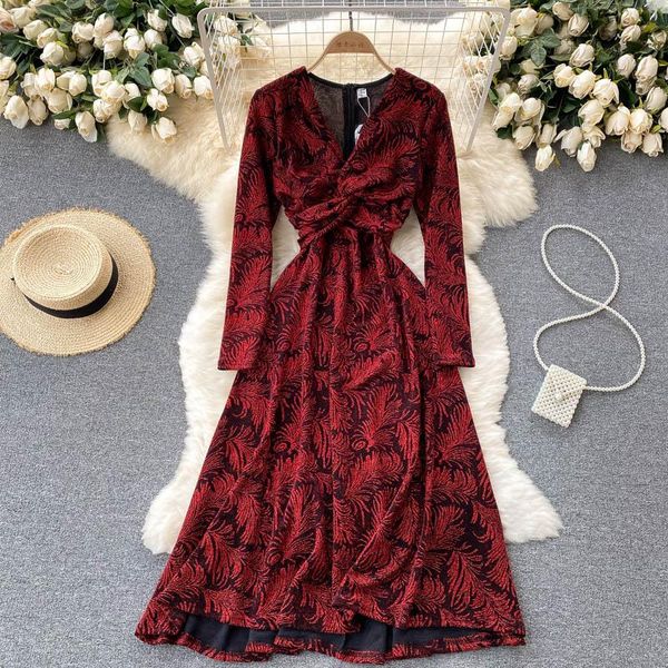 

casual dresses singreiny women retro print dress elegant fashion long sleeve v neck a-line 2021 autumn chic streetwear midi, Black;gray