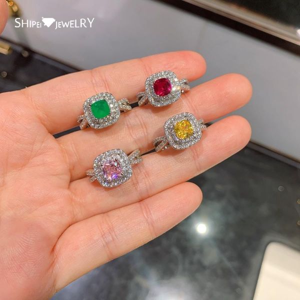 

cluster rings shipei 100% 925 sterling silver emerald ruby citrine pink sapphire gemstone wedding engagement fine jewelry ring for women, Golden;silver