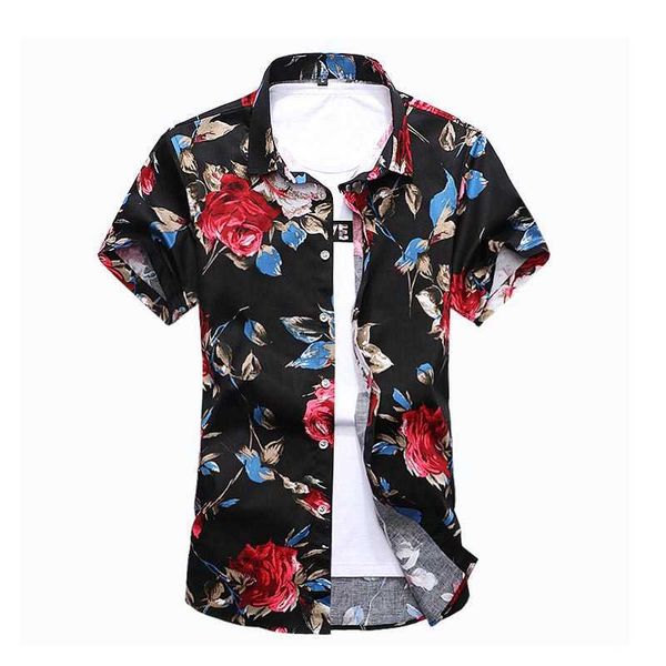 

summer men's short sleeve hawaiian shirt cotton men floral shirts casual beach rose shirts 5xl 6xl 7xl men blouse 210528, White;black