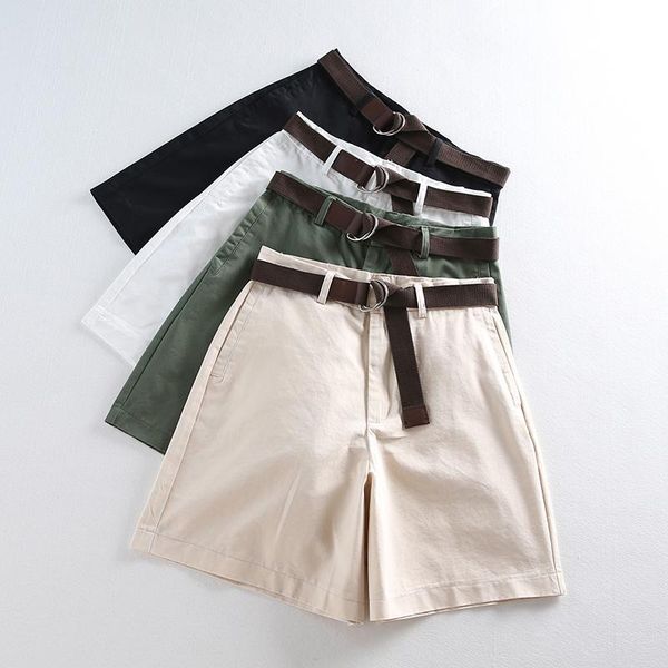 

casual women cotton shorts elegant belt high waist loose fashion feminino slim black white short pants 4 colors plus size women's, White;black
