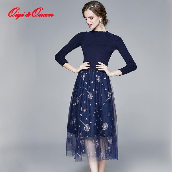 

qiqi&queen women's 2021 knit stitching mesh dress sequin embroidery a-line dresses elegant work wear business vestidos casual, Black;gray
