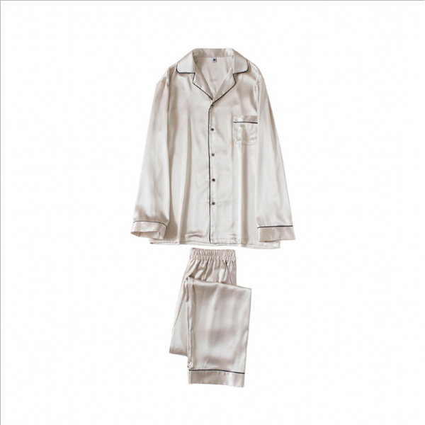 

spring summer men silk-like pajama sets turn-down collar sleepwear suit couples matching casual pyjamas men's, Black;brown