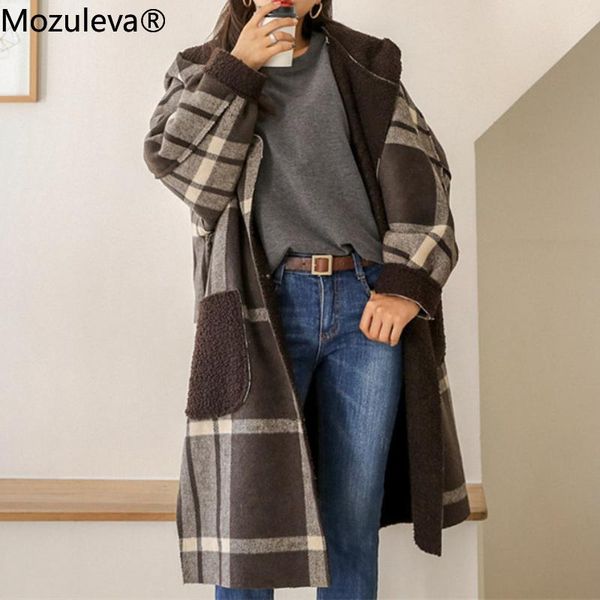 

women's fur & faux mozuleva women single-breasted loose long woolen coats autumn winter warm full sleeve female plaid jacket trench coa, Black