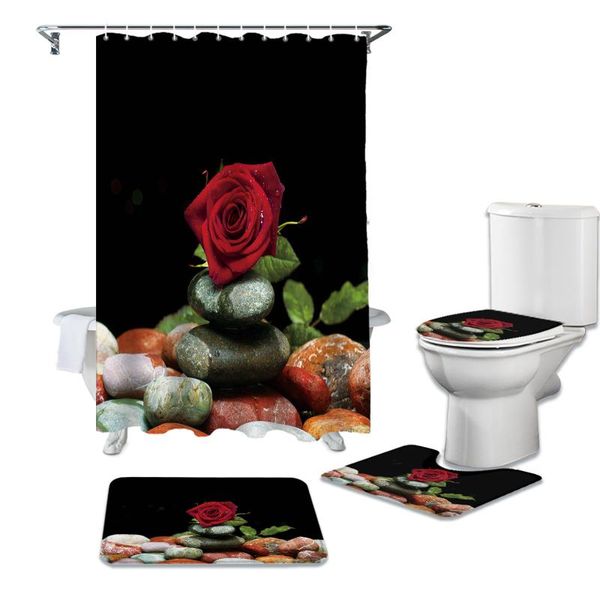 

shower curtains rose flower pebbles black waterproof bathroom curtain durable set rugs toilet lid cover bath mat
