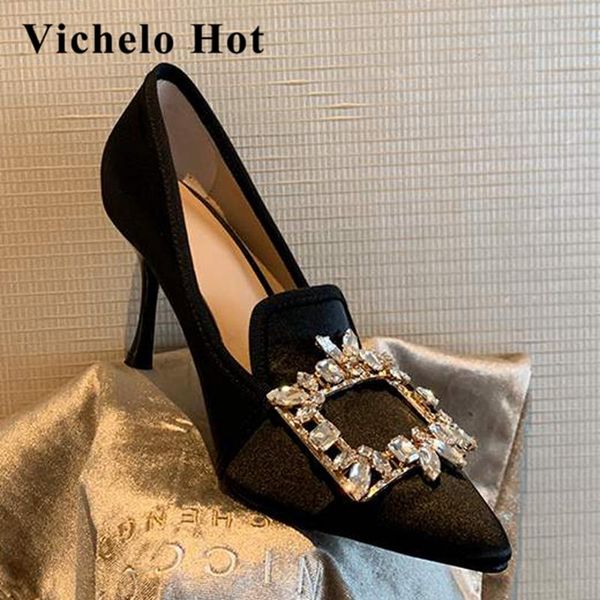 

dress shoes vichelo fashion big size silk pointed toe high heels diamond shiny metal fastener summer party slip on women pumps l33, Black