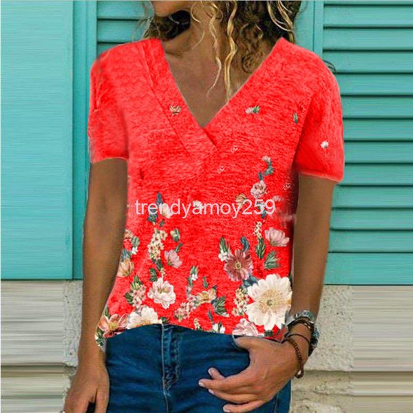 

women's t-shirt summer women's v-neck loose casual print short sleeve t-shirt, White