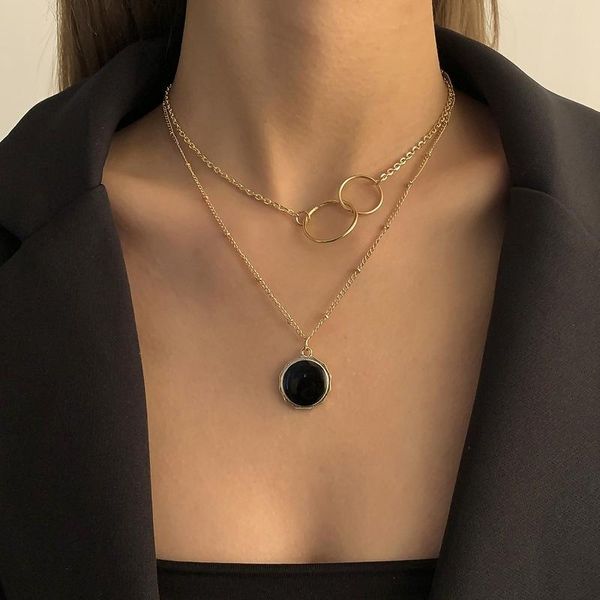 

pendant necklaces retro geometric round necklace for women double ring choker multilayer ladies collar de mujer, Silver