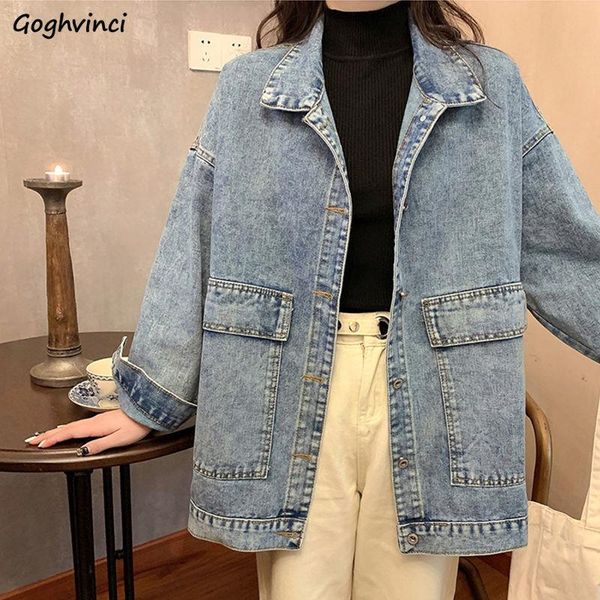 

women's jackets basic women korean style loose big pockets vintage females denim hip hop streetwear turn down collar designed chic, Black;brown