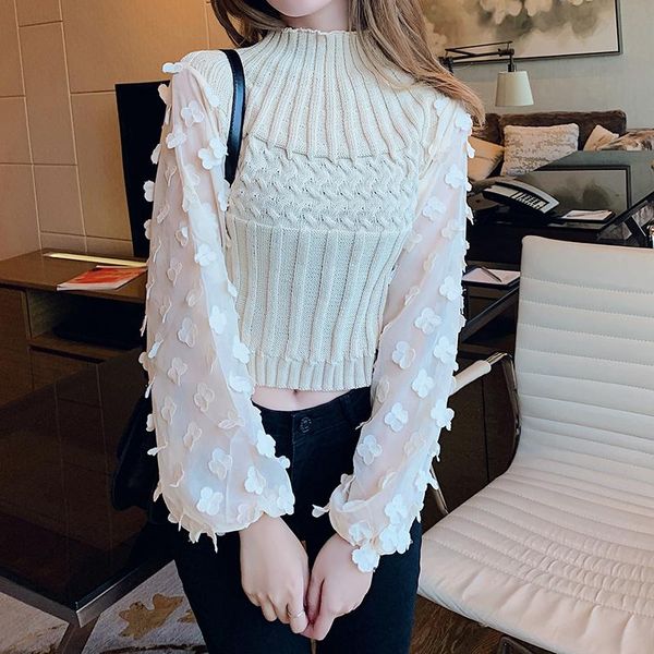 

women's blouses & shirts abrini ladies appliques mesh sleeve solid elegant cropped patchwork stretchy knitted blouse2021 spring fall, White