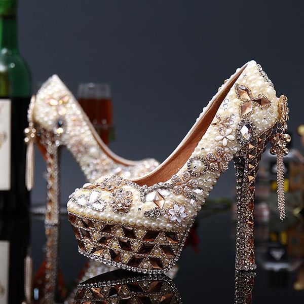 

sweet tassel high heels evening prom party wedding dress luxury bridesmaid shoes pearl crystal round toe ladies women, Black