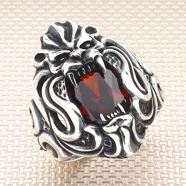 

animal lion silver ring with red zircon stone men made in turkey solid 925 sterling cluster rings, Golden;silver