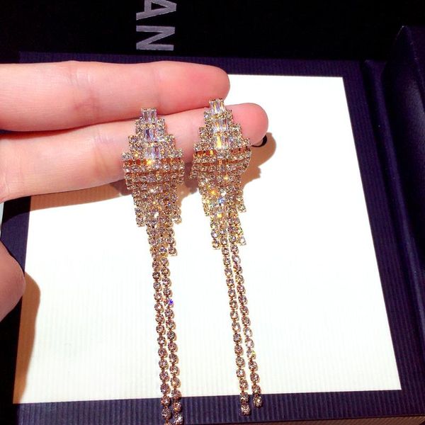 

dangle & chandelier super long tassel drop earrings fashion woman shiny rhinestones big girls trendy accessories, Silver