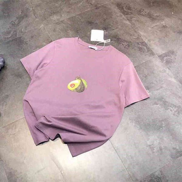 

2022 factory wholesale new high version summer women's aging purple avocado print short sleeve loose casual cotton letter t-shirt top, White