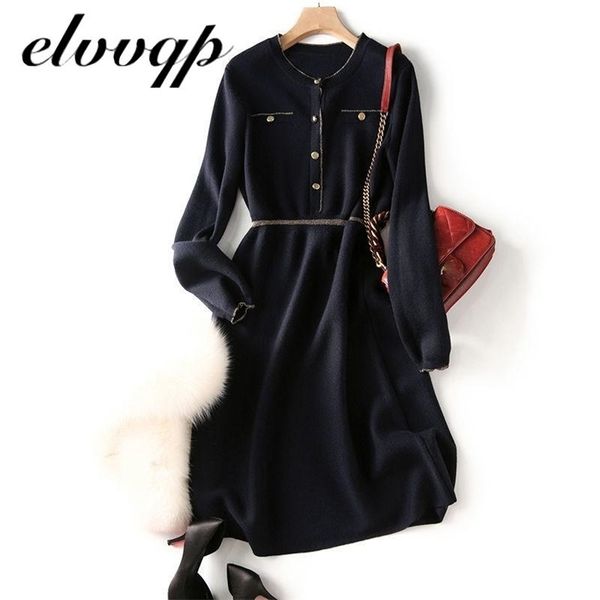 

knitted long sleeve dres slim bodycon autumn korean elegant fall winter button o neck sweater midi ribbed 211110, Black;gray