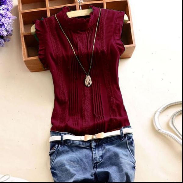 

summer vogue ruffle sleeveless womens shirt o neck slim fitted casual office lady burgundy blouses, White